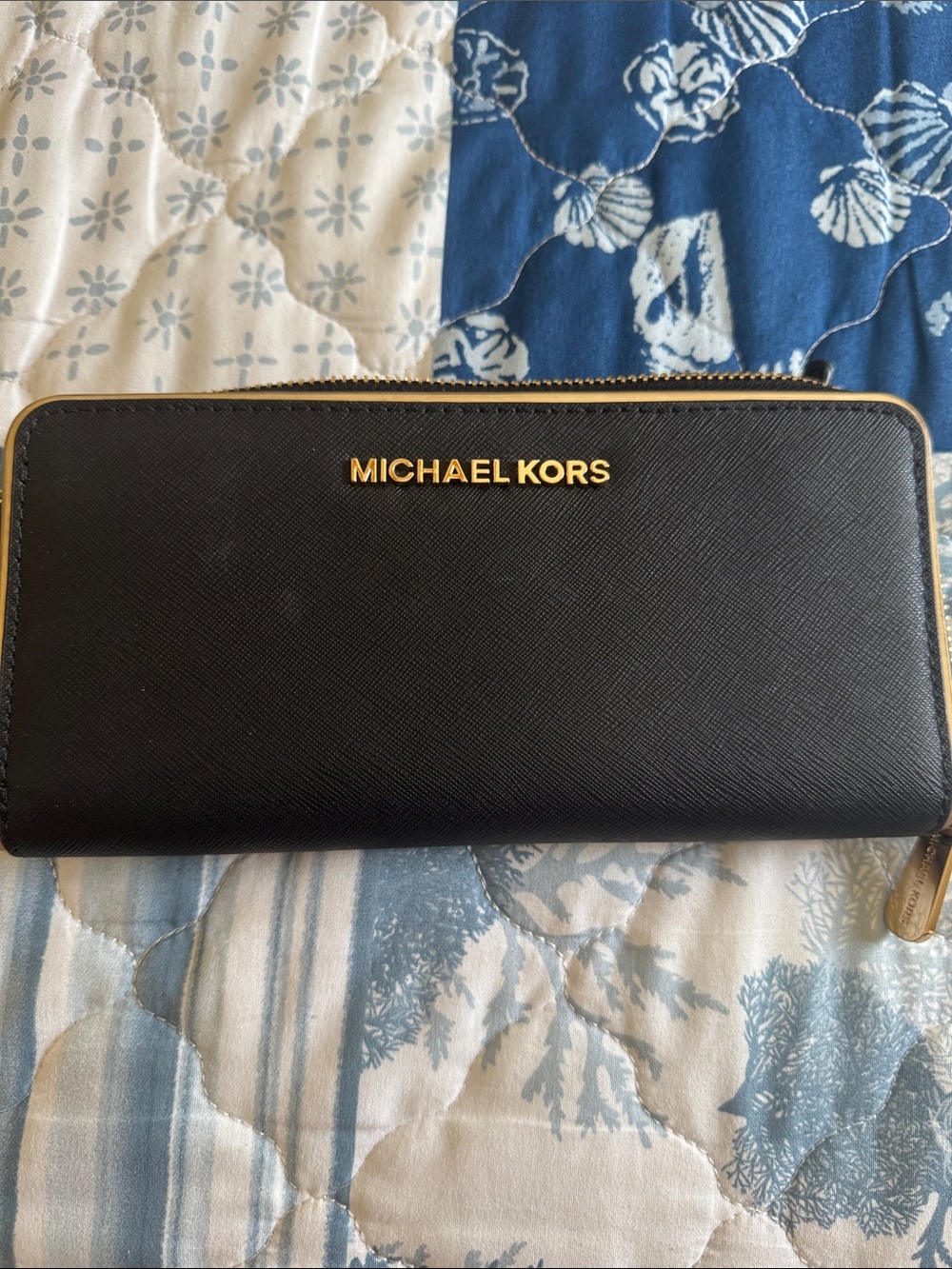 Michael Kors Black Zip-Around Saffiano Wallet with Gold Hardware